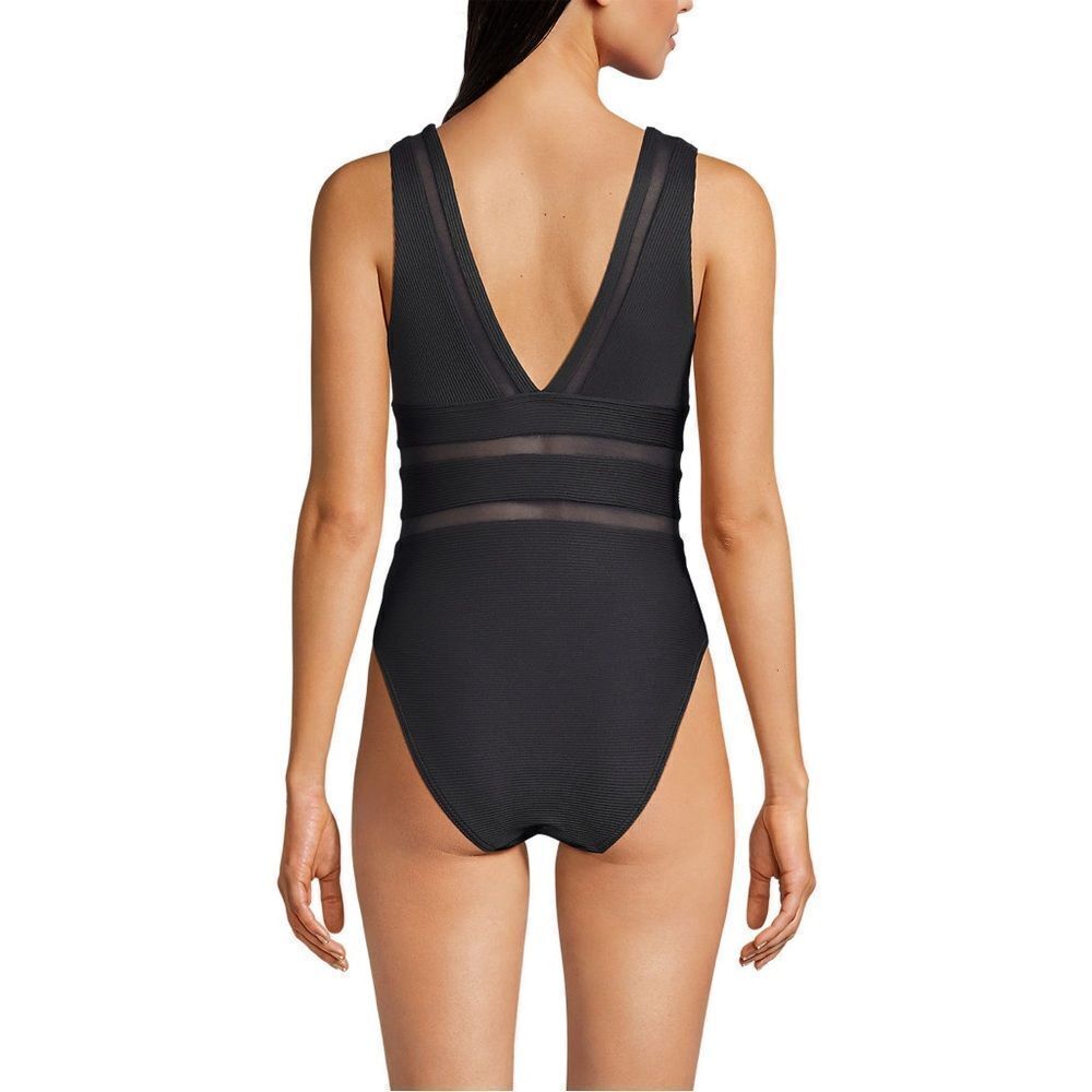 Land's End one piece Plunge swimsuit mesh ribbed Textured high leg Black Var - Picture 5 of 13